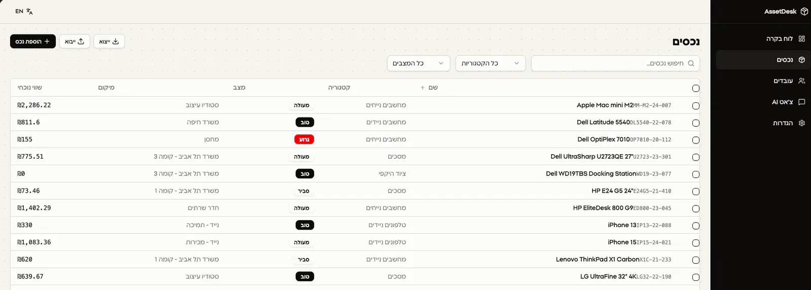 טבלת הנכסים במערכת AssetDesk