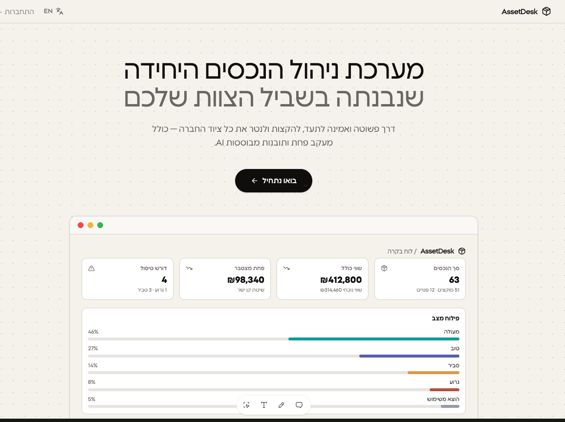 עמוד הבית של מערכת AssetDesk